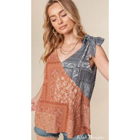 LAST 1! V Neck Boho Color Block Ruffle Woven Top! - Picture 5 of 9